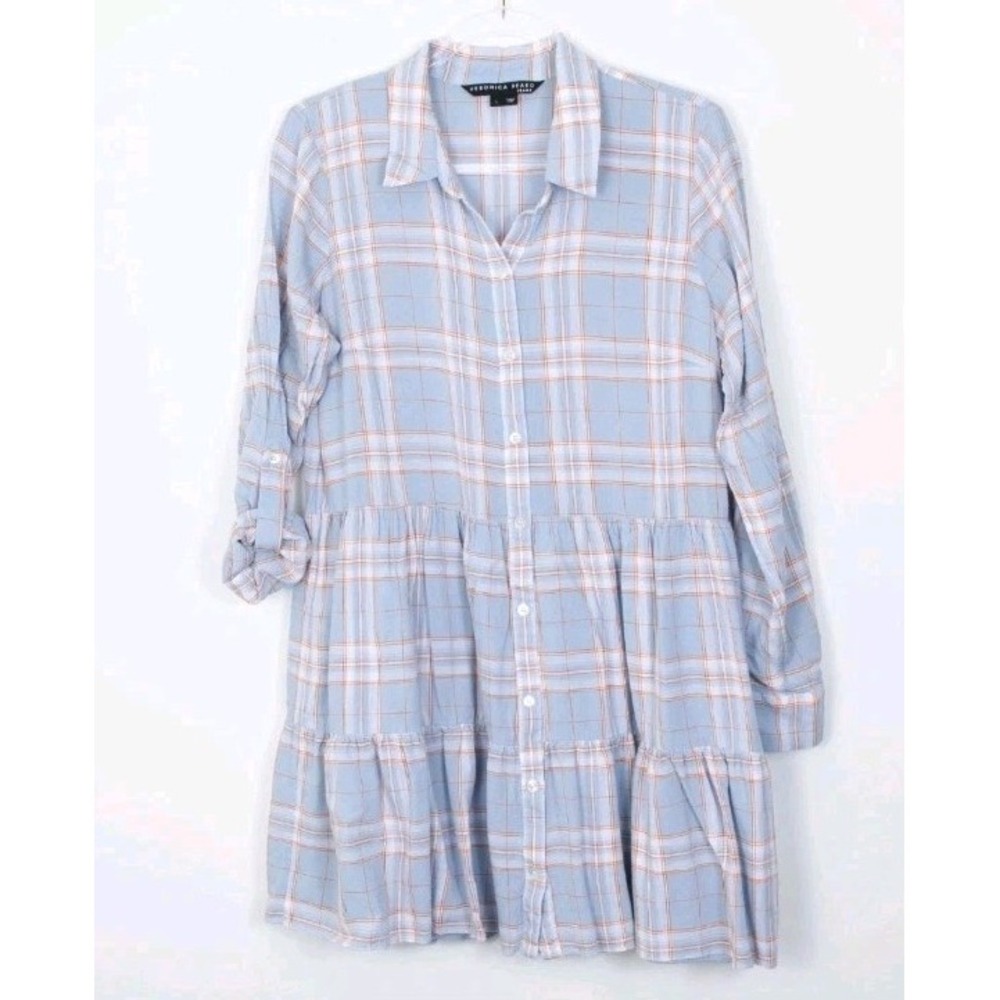 Veronica Beard Dress L Jemila Plaid Tiered Shirt Linen Blend Blue Cottage Boho